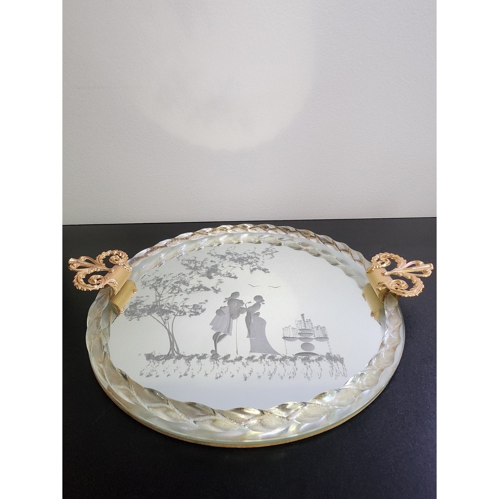 Italian Murano Venetian Etched Glass Mirror Gold Fleck Twist Rope Vanity Tray